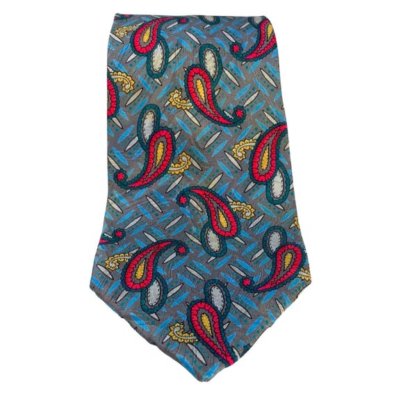 Vintage Karl Lagerfeld Luxury Designer Tie Collectors Item Teal Gray Red Yellow - Picture 3 of 9